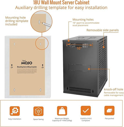 Tecmojo 18U Wall Mount Rack Network Cabinet for 19" IT Equipment,with Lockable Mesh Door and Side Panels,Cooling Fan,Black,17.7inch Depth for AV/Computer/Electronics Equipment Data Rack