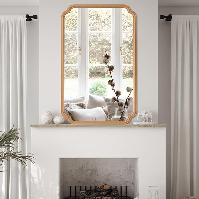 30"x48" Wood Bathroom Mirror for Wall, Large Wood Bathroom Vanity Mirror, Rounded Rectangle Mirror in Wooden Frame Hangs Horizontal Or Vertical