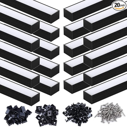 Muzata 20Pack 3.3FT/1M Plus-Size Spotless LED Channel Black LED Strip Diffuser Channel with Milky Frosted White Diffuser Cover U103 BW 1M