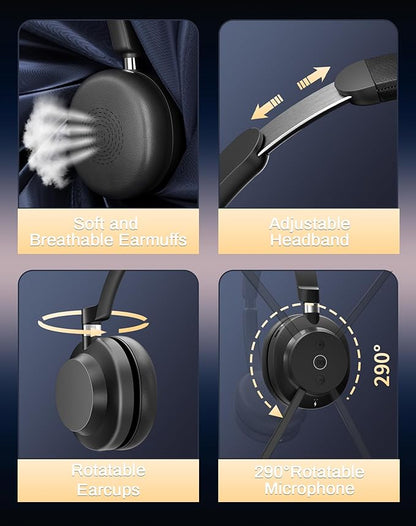 Wireless Headset with Mic for Work-Bluetooth Over Ear Headphones with Microphone,Noise Cancelling with Mute & USB Dongle for Computer/Phones/Remote Work/Call Center,Lightweight All Day Comfort