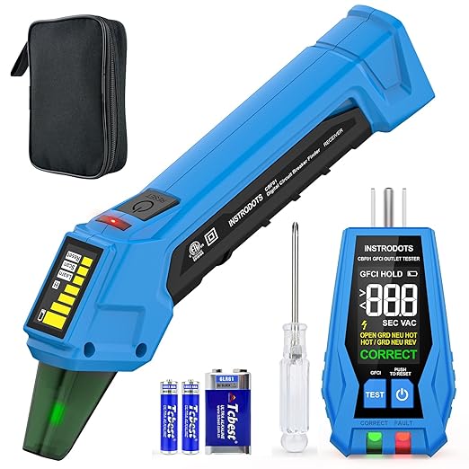 INSTRODOTS Circuit Breaker Finder, Digital Breaker Finder with GFCI Outlet Tester, AC 90-135V Electrical Circuit Tracer with Buzzer Alarm & Color LCD Display, Includes Batteries & Carrying Case