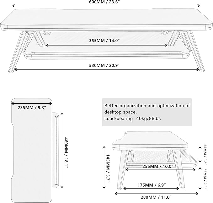 Fenge Monitor Stand, Monitor Stands Riser for Desk, 23.6 Inch Wood Desk Shelf with Storage Organizer and Cable Management for Office Desk Accessories