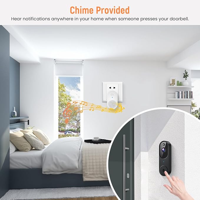 GridTera Smart Video Doorbell Camera Wireless, AI Human Detection and Instant Alerts, Night Vision, 2-Way Audio, Battery Powered, Cloud Storage Sold Seperately, 2.4G WiFi (Chime Included)