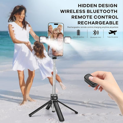 MQOUNY Mini iPhone Tripod Stand & Selfie Stick with Wireless Remote & Removable Light, Extendable Stand 360 Rotation Compatible with iPhone & Android Samsung (Black)