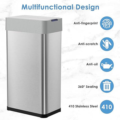 Arlopu 21.1 Gal Automatic Trash Can, 80L Stainless Steel Motion Sensor Garbage Bin, Touchless Brushed Wastebasket, W/Butterfly, Soft-Close Lid, for Living, Dinning Room, Kitchen (Silver)