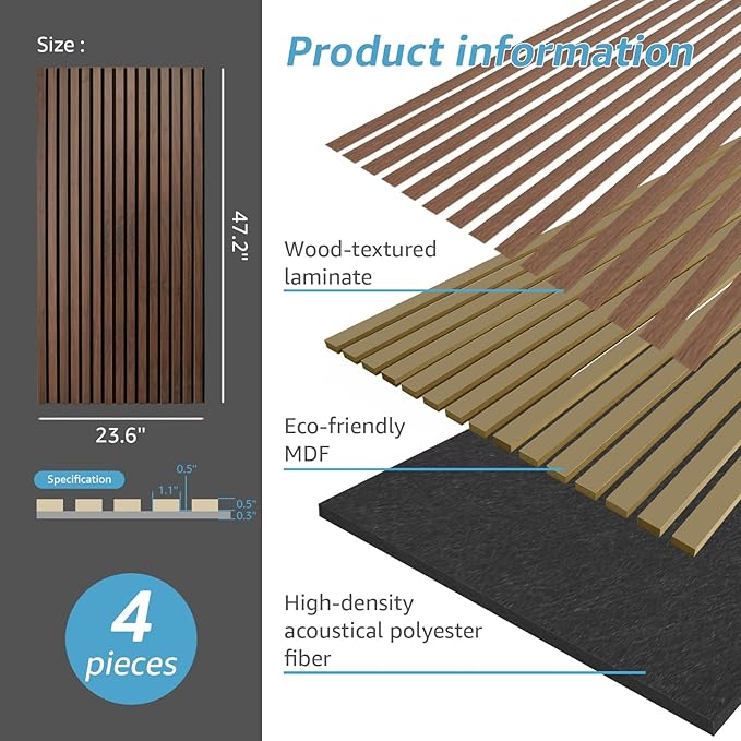 Art3d 4 Pack 47.2 x 23.6in. Wood Slat Acoustic Panels for Wall and Ceiling - 3D Fluted Sound Absorbing Panel with Wood Finish - Dark Walnut