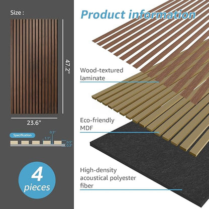 Art3d 4 Pack 47.2 x 23.6in. Wood Slat Acoustic Panels for Wall and Ceiling - 3D Fluted Sound Absorbing Panel with Wood Finish - Dark Walnut