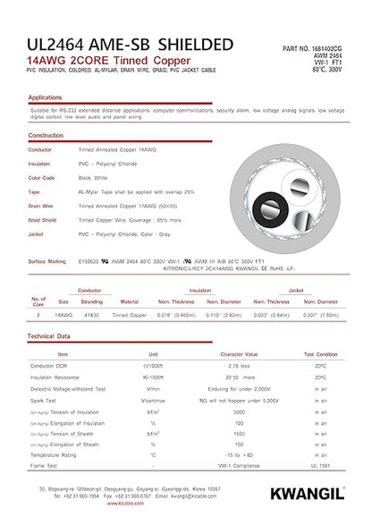 KWANGIL 2C 14AWG AMESB Shielded Cable Wire (UL2464) - Flexible Str TC, PVC Ins, OS+Drain+TC BRD, PVC JKT for CNC Machine, Stepper Motor, VFD Spindle (Gray 100FT)
