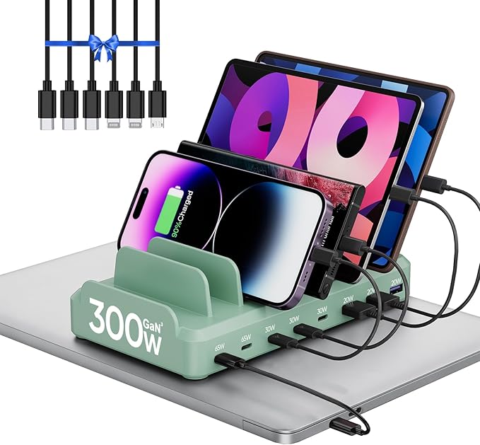 300W Charging Station for Multiple Devices, 8 Port Multi USB C Fast Charger Station Dock for MacBook iPhone 16/15/14/13/12 Samsung Pixel Series iPad, Green (6 Mixed Short Cables Included)