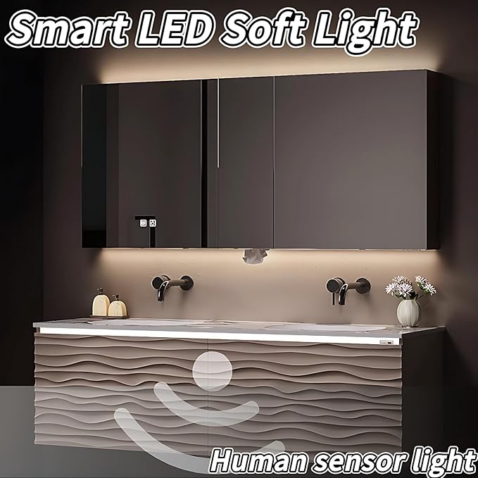 56IN Bathroom Vanity - Smart Defogging Mirror Cabinet | Waterproofing Technology & Wave Shaped Door Panel, Floating Bathroom Vanities with Large Storage Space (Mirror)