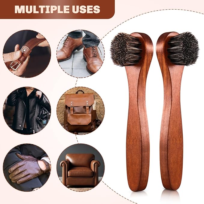 2 Pcs Horsehair Shine Shoes Brush Kit Polish Dauber Applicators Cleaning Leather Shoes Boots Care Brushes Suede Cleaner Brush(Brown Long Handle)