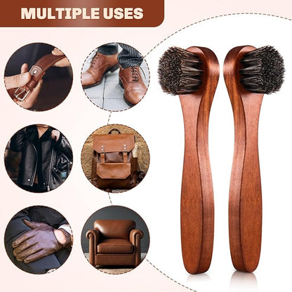 2 Pcs Horsehair Shine Shoes Brush Kit Polish Dauber Applicators Cleaning Leather Shoes Boots Care Brushes Suede Cleaner Brush(Brown Long Handle)