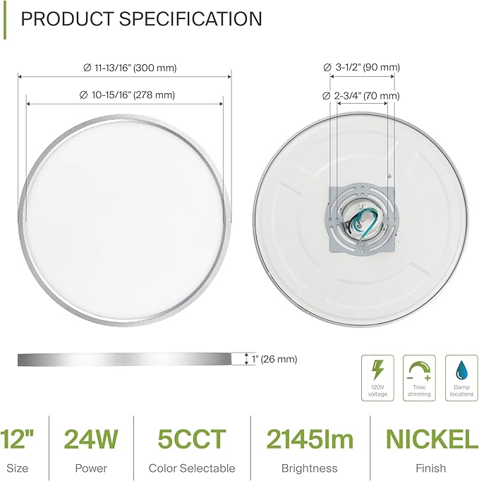 ASD LED 12" Round Flush Mount Ceiling Light Fixture, Low Profile Surface Lighting | 5CCT, Dimmable, Ultra-Thin, ETL Listed | 24W 1900LM 2700-6000K 120V | Kitchen, Hallway Lamp | Nickel, 4 Pack