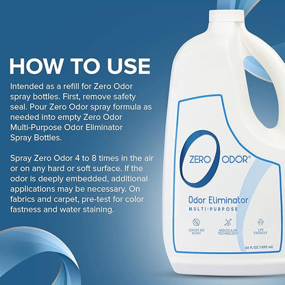 Zero Odor - Multi-Purpose Strong Odor Eliminator for Home, Office, Car, Bathroom, Hotel, Room Deodorizer, and Odor Neutralizer 64oz Refill, 2-Pack
