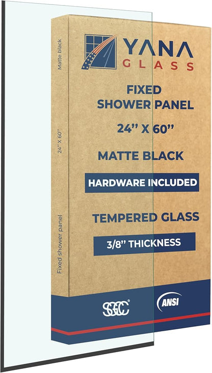 Yana Frameless Shower Door Screen, Fixed Shower Door Panels 3/8" Thick Tempered Glass, Water Repellent, Reversible Shower Wall Panel with Matte Black Finish 24" x 60"