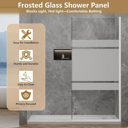 36"x76" Fixed Glass Shower Door, 3/8"(10mm) Thick Mid-Band Frosted Privacy Tempered Glass, Frameless Shower Glass Panel, Shower Screen Half Wall for Walk in Shower, Brushed Nickle