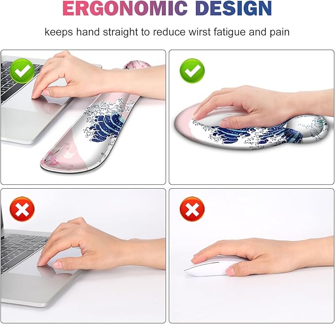 Gaming Mouse Pad, Large Desk Mat, Cute Desk Pad Protector, Pink Cherry Blossoms XXL Mousepad + Keyboard Wrist Rest+Mouse Wrist Rest+Coaster Set with Ergonomic Desk Pad, Japanese Wave of Kanagawa