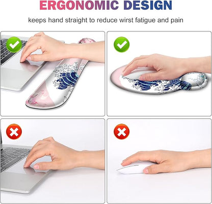 Gaming Mouse Pad, Large Desk Mat, Cute Desk Pad Protector, Pink Cherry Blossoms XXL Mousepad + Keyboard Wrist Rest+Mouse Wrist Rest+Coaster Set with Ergonomic Desk Pad, Japanese Wave of Kanagawa