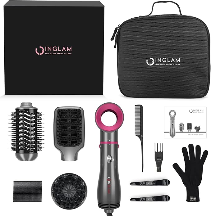 IG INGLAM 4 in 1 Hot Air Brush, Negative Ion Detachable Hair Styler & Volumizer with 2 Brush Heads, Updated Push Switch, Gray
