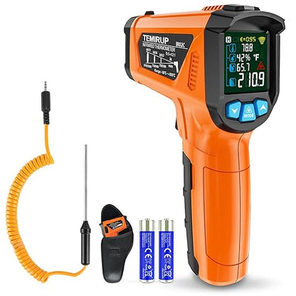 Infrared Thermometer Gun, TEMIRUP Digital Laser Temperature Gun, -58°F to 1472°F, Non Contact IR Temp Gun with Color LCD for Industrial, Cooking, Griddle, Engine, HVAC,Adjustable Emissivity & Humidity