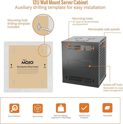 Tecmojo 12U Wall Mount Rack Network Cabinet for 19” IT Equipment,with Lockable Mesh Door and Removable Side Panels,Cooling Fan,Black,17.7inch Deep