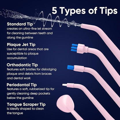 MySmile LP211 Cordless Water Flossers, Portable Rechargeable Oral Irrigator for Teeth Cleaning, 5 Cleaning Modes, IPX7 Waterproof, 8 Replacement Tips and a Storage Pouch (Juicy Pink)