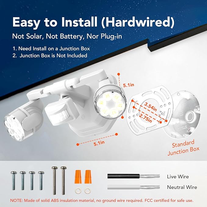 OREiN Motion Sensor Outdoor Lights, 450° Superwide Adjustment Dimmable Dusk to Dawn Flood Lights Outdoor, 5000K/12W (150W Equiv) Outside LED Security Lights IP65, White (Hardwired)