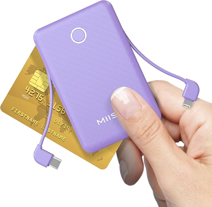 miisso 6000mah Ultra Slim Built in Cables Power Bank, Card Size Built in USB C Cords Battery Pack Portable Charger for Phones, 3 Output External Battery Pack Compatible with iPhone, Purple