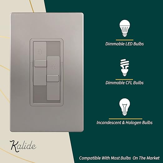 TOPGREENER Elite Series Kalide Dual Load Dimmer Light Switch, Double LED Dimmer Switch, Full Range Dimming, Single Pole, 120VAC, 60Hz, 200W LED/CFL, Neutral Wire Not Required, TGDDS-NK, Nickel