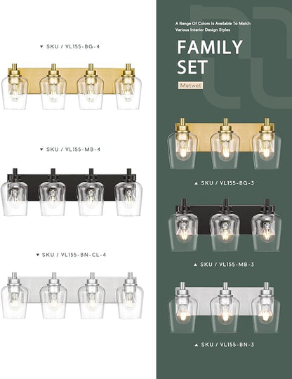 METWET Bathroom Light Fixtures, 4-Light Modern Vanity Light with Clear Glass Wine Glass-Shaped Shade, Vanity Lighting Fixtures Over Mirror, Brushed Gold, VL155-BG-4