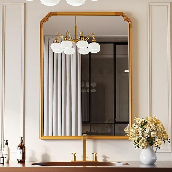 30" x 40" Wood Bathroom Mirror for Over Sink, Rustic Rounded Corner Vanity Mirror for Entryway, Living Room or Bedroom Home Decorative [Natural Color]