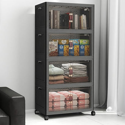 Extra Large Stackable Storage Bins with Lids & Wheels, 220QT-55QT/14GAL*4Pack Foldable Collapsible Closet Organizers Dark Storage Cabinet with Doors for Bedroom Dorm