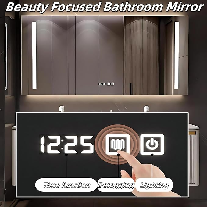 Bathroom Vanity with Double Sink - Smart Defogging Mirror & LED Lights on Both Sides, Floating Bath Sink Cabinet | 2 Drawers, Wave Shaped Panel (White, 84IN)