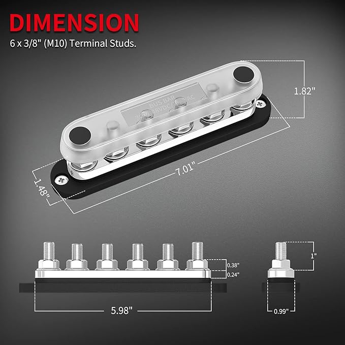 DaierTek 300A Bus Bar 12V Marine 12V Power Distribution Block with Cover 6 x 3/8" (M10) Terminal Studs Max 300V AC 48V DC Positive & Ground Busbar for Automotive Car Boat