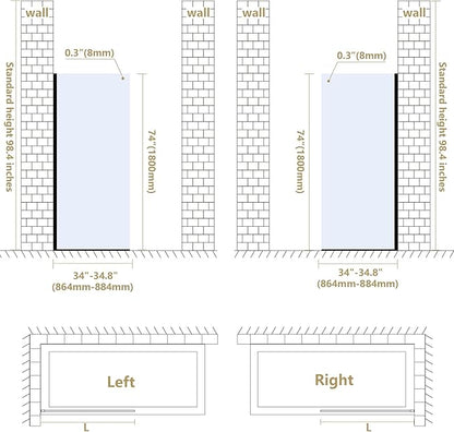 Bathroom Shower Door Screen, 34 in. W x 74 in. H Single Panel Frameless Shower Screen with Tempered Glass, for Bathroom and Bathtub, Smoked Gray Shower Door Screen with Matte Black Rods