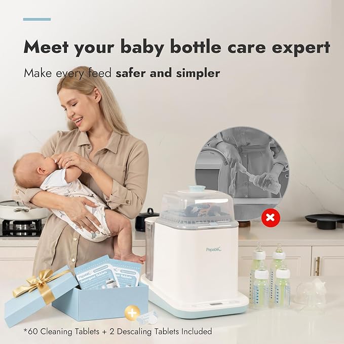 Papablic Bottle Washer Pro, Bottle Washer & Sterilizer & Dryer, 4-in-1 Bottle Washer Sanitizer for Bottles, Pump Parts, C-Section& Baby Essentials - Quick & Clean with 60 Detergent Tablets