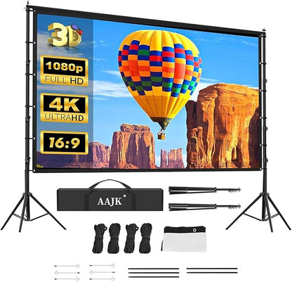 AAJK 150in Projector Screen with Stand, Portable 16:9 4K HD Indoor Outdoor Projection Screen with Wrinkle-Free Design, Ideal for Home Theater and Backyard Cinema – Includes Carry Bag