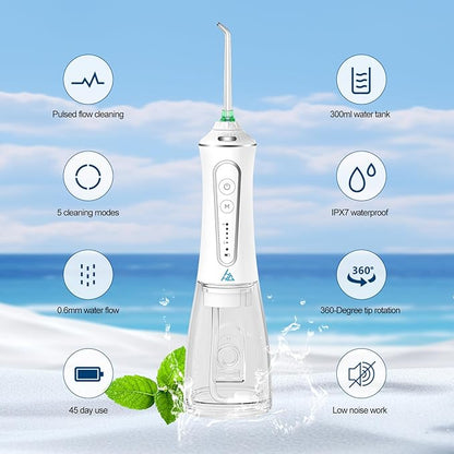 Dental Flosser with 5 Modes, Cordless Travel Dental Flosser, Rechargable, Long Lasting Battery, 300ml Water Tank, Travel Friendly. FDA Accepted.
