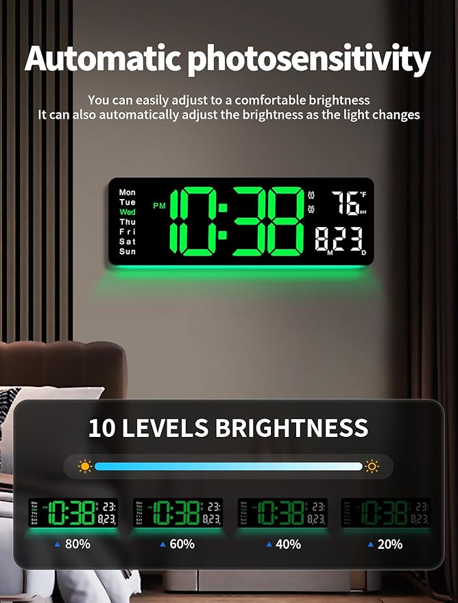 MASHI Digital Wall Clock, 16" Large Display Digital Clock with Remote Control, Auto-Dimming Wall Clock with Night Light, DST, Date Week,Temp for Living Room, Bedroom, Decor, Gift for Elderly