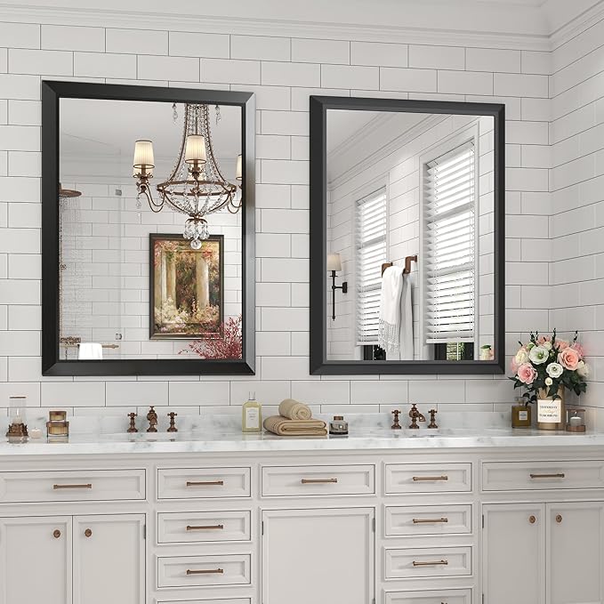 SMIROR Matte Black Bathroom Mirror for Over Sink 28x 36 inch, Metal Thick Frame Rectangle Vanity Mirror for Wall, Anti-Rust, Horizontally or Vertically Mounted