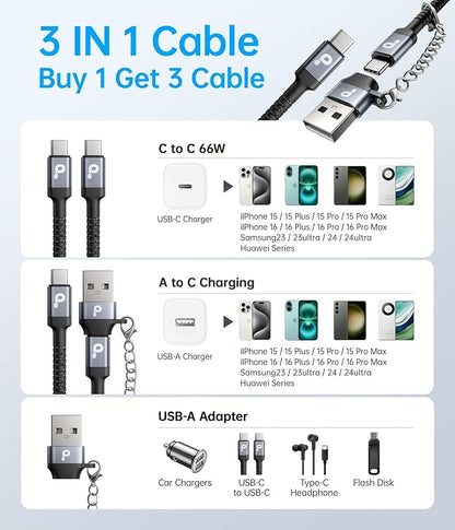 USB C Cable 10FT, USBA to USBC Cable, USBC to C Cable, 2Pack Type C Fast Charging Cables Nylon Braided Cable for iPhone 17/16/15/Pro/Plus/Pro Max/Samsung/LG, with USB C Female to USB A Male Adapter