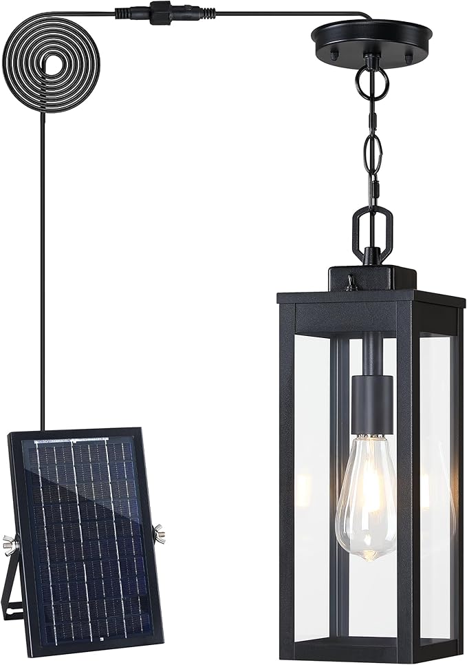15'' Large Solar Pendant Light Outdoor, Modern Outside Chandelier Outdoor Hanging Lantern, Black with Clear Glass, Exterior Pendant Lighting Fixture Ceiling Mount for Porch, Entryway, Gazebo, 1 Pack