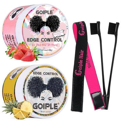 Goiple Edge Control Wax for Women Strong Hold Non-greasy Edge Smoother Pink 1Pack and Yellow 1Pack 4oz with Brush 2Pcs and Scarf