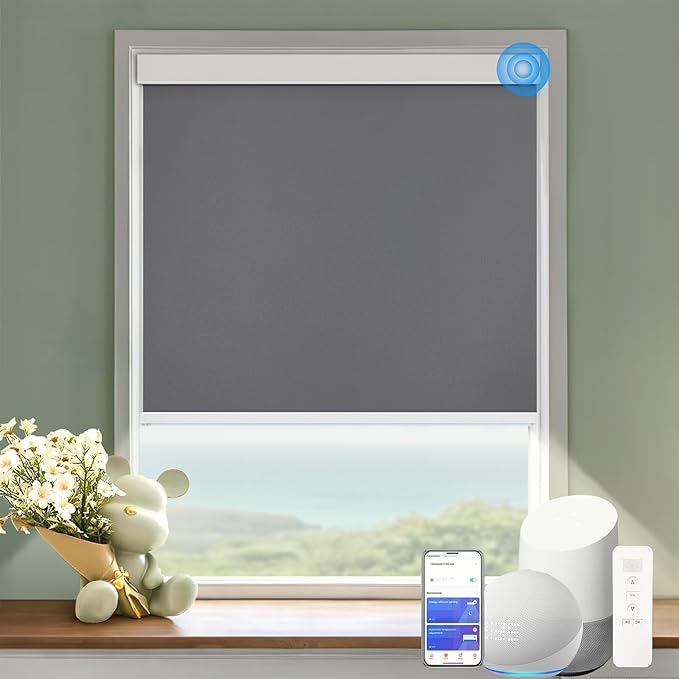 COOLWINDS Motorized Blinds with Remote Cordless Automatic Motorized Shades Custom Blinds for Windows Smart Curtains Compatible with Alexa Google Home(Blackout Thunder Grey,W53 x H72in)