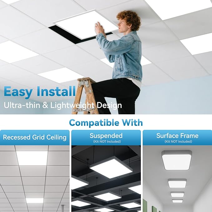 Msbfi 2x2 LED Flat Panel Light - 12 Pack Drop Office Ceiling Light 30-35-40W Adjustable, 130LM/W 3500K/4000K/5000K Selectable, 0-10V Dimmable, 100-277V for Office Ceiling Lighting Fixture ETL/DLC