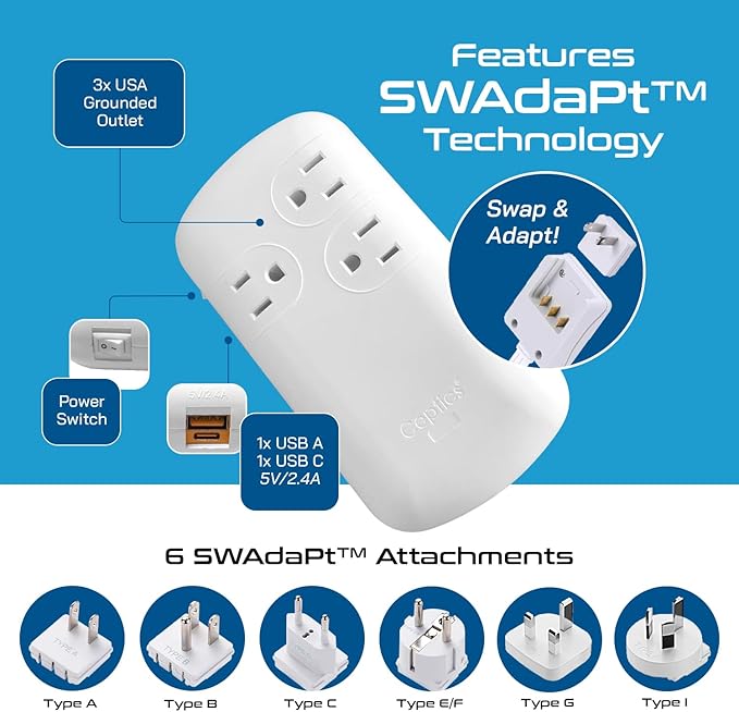 Ceptics 300W Travel Voltage Converter, 220V to 110V 50Hz to 60Hz Step Down for Curling Iron, Straightener, 1 USB, 1-USB-C 18W, SWadApt A B C E/F G I