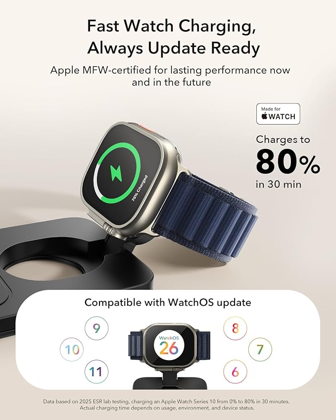 ESR 3 in 1 Charging Station for Apple, Qi2.2 25W MagSafe Charger with CryoBoost, Phone-Cooling Wireless Charging Station Foldable, for iPhone 17/16 with iOS 26(50W Adapter), AirPods, Apple Watch,Black