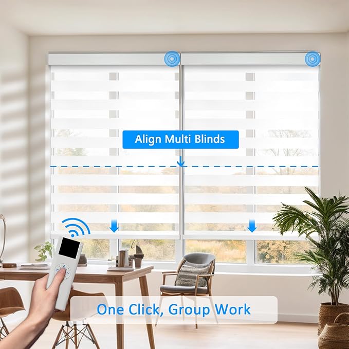 COOLWINDS Motorized Zebra Blinds for Windows Cordless Electric Curtains with Remote Control Blackout Shades Custom Smart Blinds Compatible with Alexa Google Home(Light Filtering White,W55 X 72in)