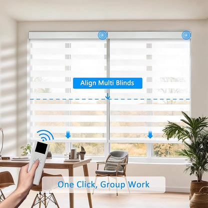 COOLWINDS Motorized Zebra Blinds for Windows Cordless Electric Curtains with Remote Control Blackout Shades Custom Smart Blinds Compatible with Alexa Google Home(Light Filtering White,W55 X 72in)