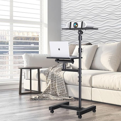Projector Stand Tripod: 2 Shelves Mobile Laptop Cart Adjustable Height 45 to 64 Inches, Rolling Laptop Stand Cart with Ventilated Tray, Projector Tripod Stand on Wheels for Couch, Bedside, Meeting